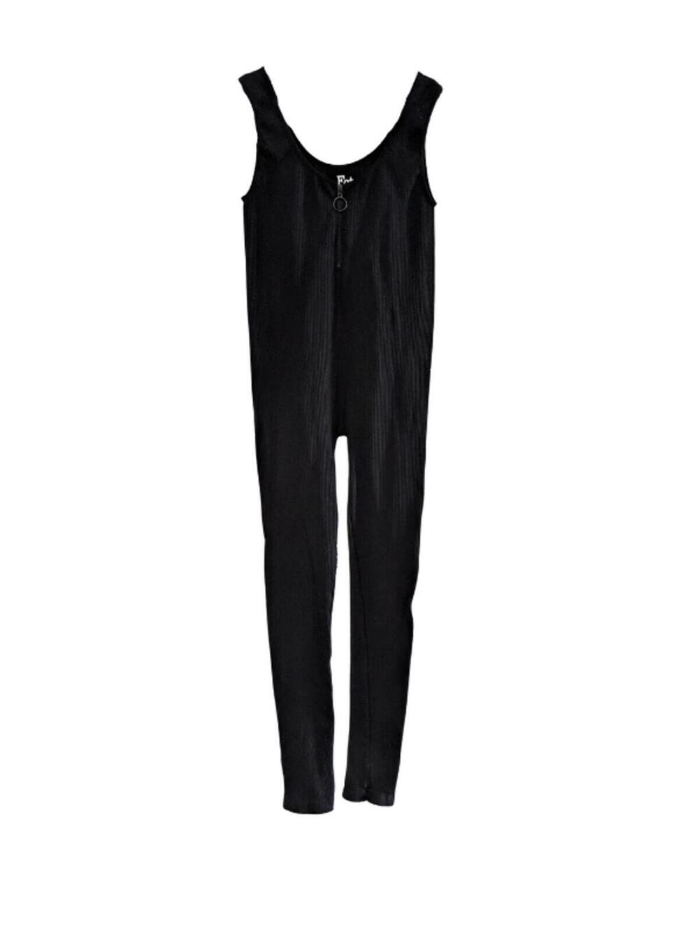 FCT Basics Women's Ribbed Sleeveless Unitard Jumpsuit, Black, Large, Zip Front